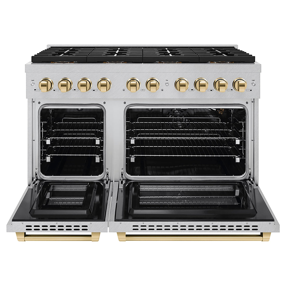 ZLINE Autograph Edition 48 in. 6.7 cu. ft. Paramount Gas Range with 8 Burner DuoProâ„¢ Cooktop and Dual Ovens in Satin Stainless Steel and Polished Gold Accents (PSGRSZ-48-G)