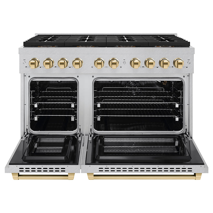 ZLINE Autograph Edition 48 in. 6.7 cu. ft. Paramount Gas Range with 8 Burner DuoProâ„¢ Cooktop and Dual Ovens in Satin Stainless Steel and Polished Gold Accents (PSGRSZ-48-G)
