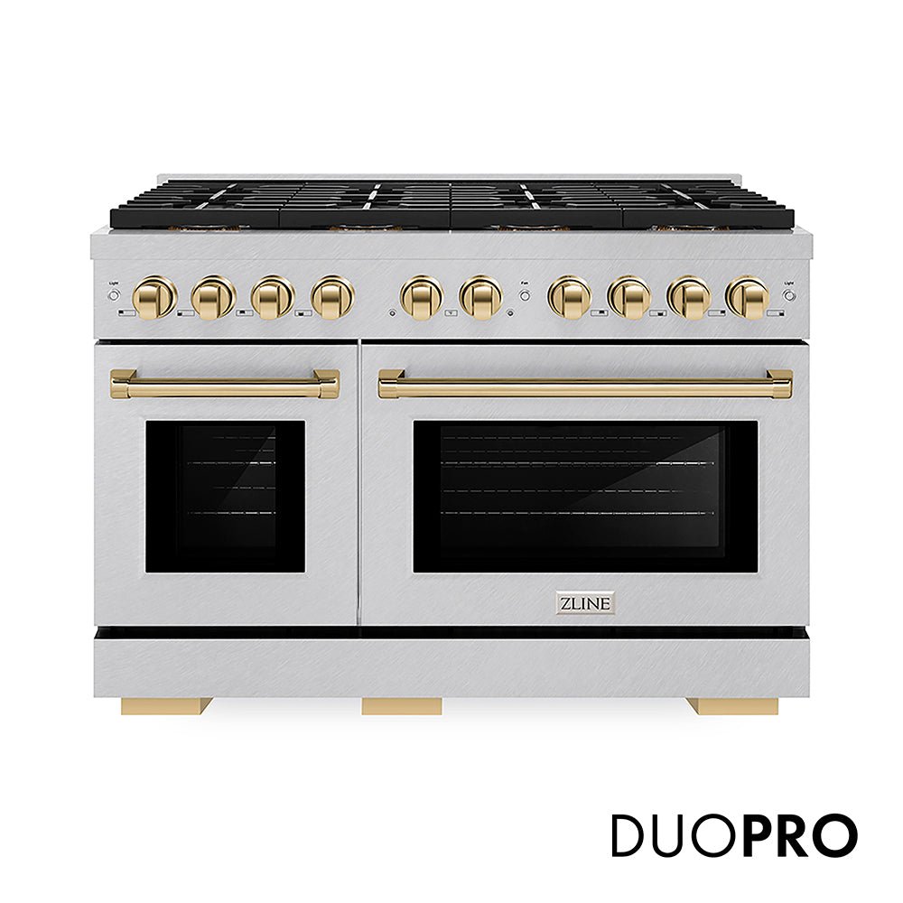 ZLINE Autograph Edition 48 in. 6.7 cu. ft. Paramount Gas Range with 8 Burner DuoProâ„¢ Cooktop and Dual Ovens in Satin Stainless Steel and Polished Gold Accents (PSGRSZ-48-G)