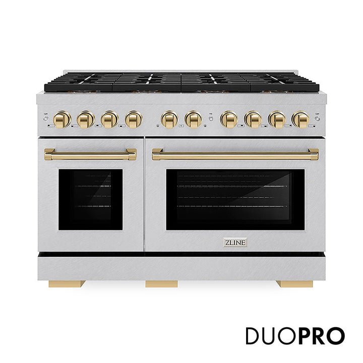 ZLINE Autograph Edition 48 in. 6.7 cu. ft. Paramount Gas Range with 8 Burner DuoProâ„¢ Cooktop and Dual Ovens in Satin Stainless Steel and Polished Gold Accents (PSGRSZ-48-G)