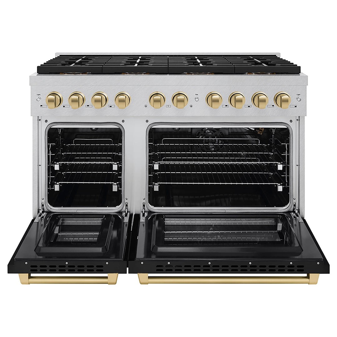 ZLINE Autograph Edition 48 in. 6.7 cu. ft. Paramount Gas Range with 8 Burner DuoProâ„¢ Cooktop and Dual Ovens in Satin Stainless Steel with Black Matte Doors and Champagne Bronze Accents (PSGRSZ-BLM48-CB)