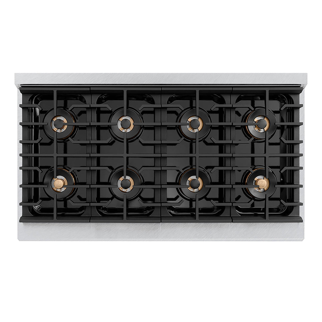 ZLINE Autograph Edition 48 in. 6.7 cu. ft. Paramount Gas Range with 8 Burner DuoProâ„¢ Cooktop and Dual Ovens in Satin Stainless Steel with Black Matte Doors and Champagne Bronze Accents (PSGRSZ-BLM48-CB)