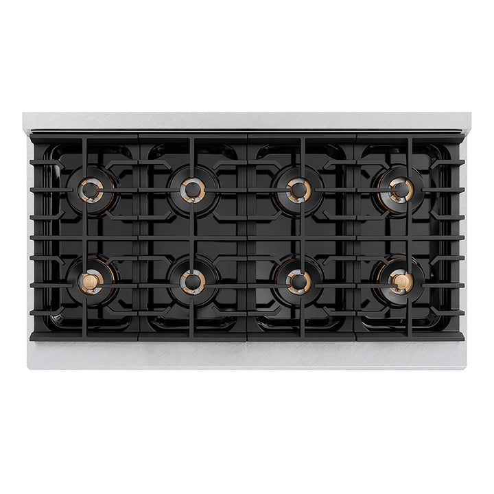 ZLINE Autograph Edition 48 in. 6.7 cu. ft. Paramount Gas Range with 8 Burner DuoProâ„¢ Cooktop and Dual Ovens in Satin Stainless Steel with Black Matte Doors and Champagne Bronze Accents (PSGRSZ-BLM48-CB)