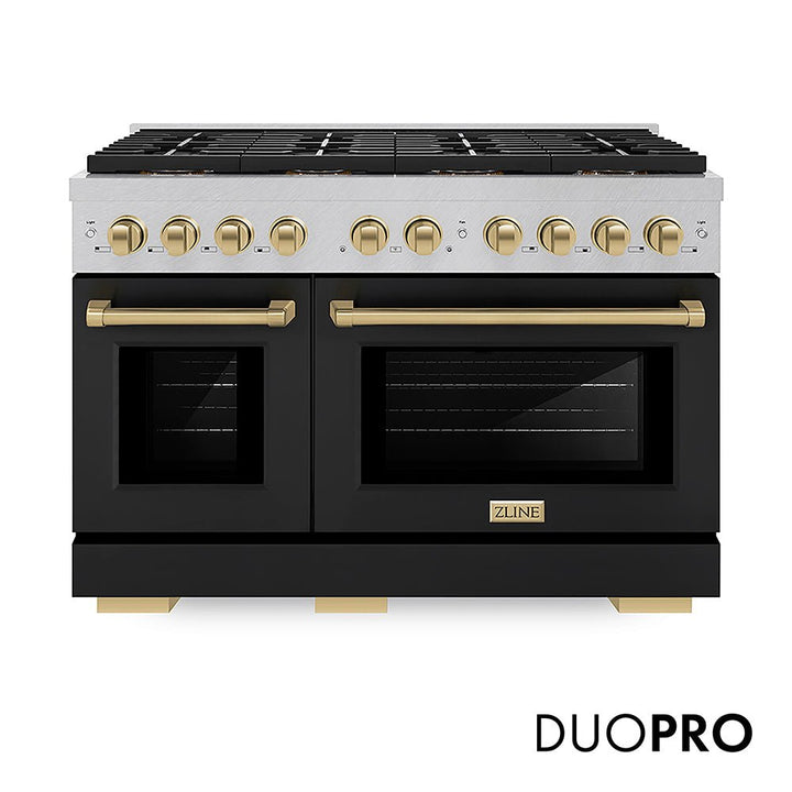 ZLINE Autograph Edition 48 in. 6.7 cu. ft. Paramount Gas Range with 8 Burner DuoProâ„¢ Cooktop and Dual Ovens in Satin Stainless Steel with Black Matte Doors and Champagne Bronze Accents (PSGRSZ-BLM48-CB)
