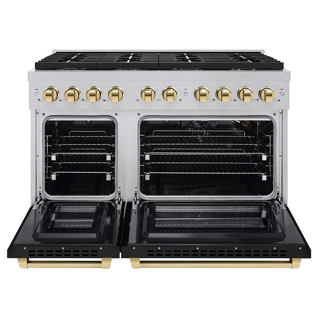 ZLINE Autograph Edition 48 in. 6.7 cu. ft. Paramount Gas Range with 8 Burner DuoProâ„¢ Cooktop and Dual Ovens in Satin Stainless Steel with Black Matte Doors and Polished Gold Accents (PSGRSZ-BLM48-G)
