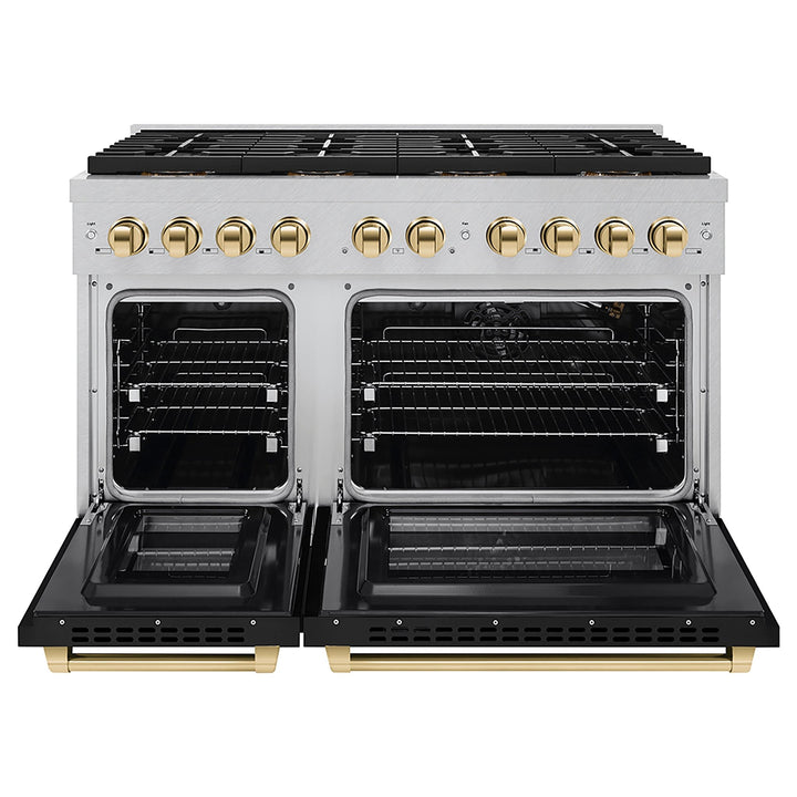 ZLINE Autograph Edition 48 in. 6.7 cu. ft. Paramount Gas Range with 8 Burner DuoProâ„¢ Cooktop and Dual Ovens in Satin Stainless Steel with Black Matte Doors and Polished Gold Accents (PSGRSZ-BLM48-G)
