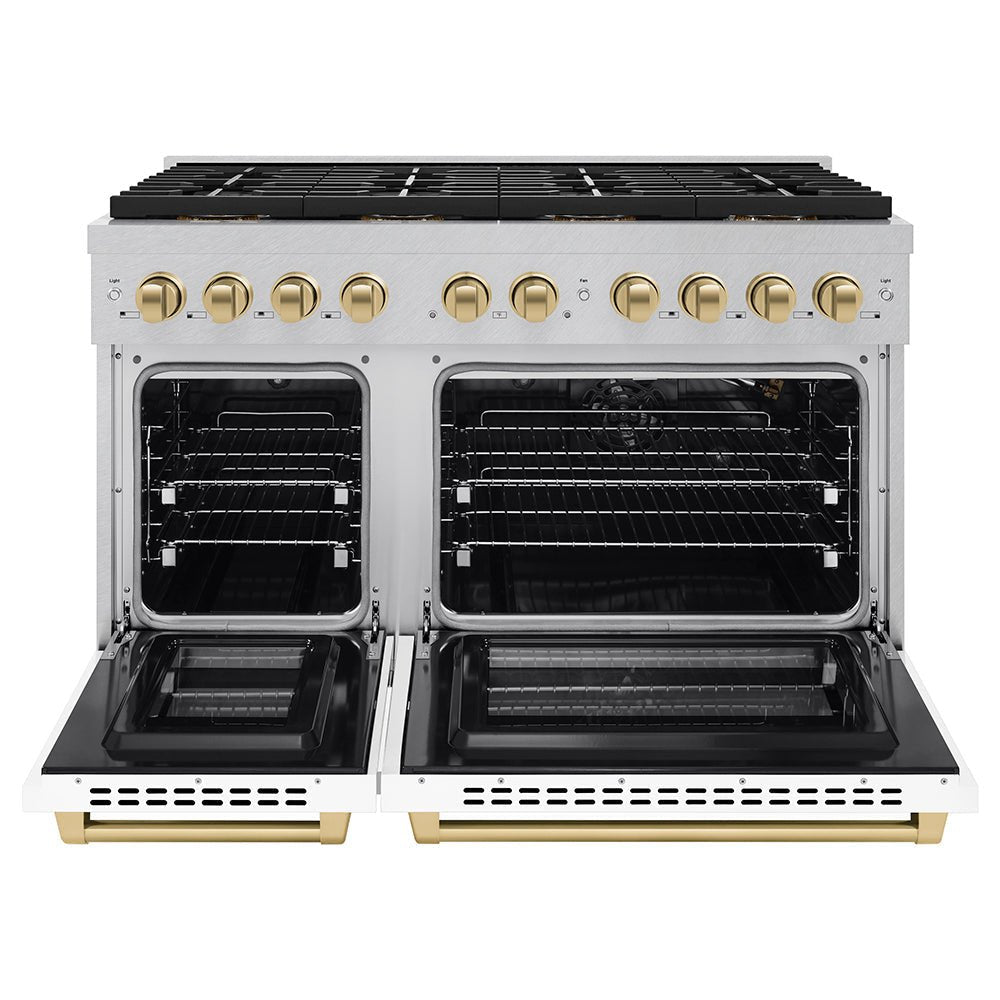 ZLINE Autograph Edition 48 in. 6.7 cu. ft. Paramount Gas Range with 8 Burner DuoProâ„¢ Cooktop and Dual Ovens in Satin Stainless Steel with White Matte Doors and Champagne Bronze Accents (PSGRSZ-WM-48-CB)