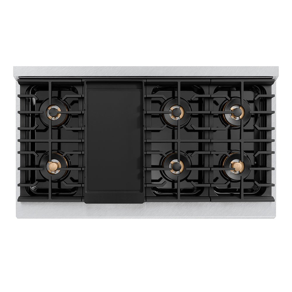 ZLINE Autograph Edition 48 in. 6.7 cu. ft. Paramount Gas Range with 8 Burner DuoProâ„¢ Cooktop and Dual Ovens in Satin Stainless Steel with White Matte Doors and Matte Black Accents (PSGRSZ-WM-48-MB)