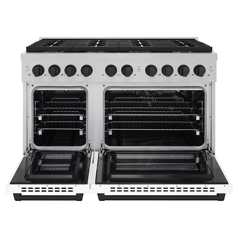 ZLINE Autograph Edition 48 in. 6.7 cu. ft. Paramount Gas Range with 8 Burner DuoProâ„¢ Cooktop and Dual Ovens in Satin Stainless Steel with White Matte Doors and Matte Black Accents (PSGRSZ-WM-48-MB)
