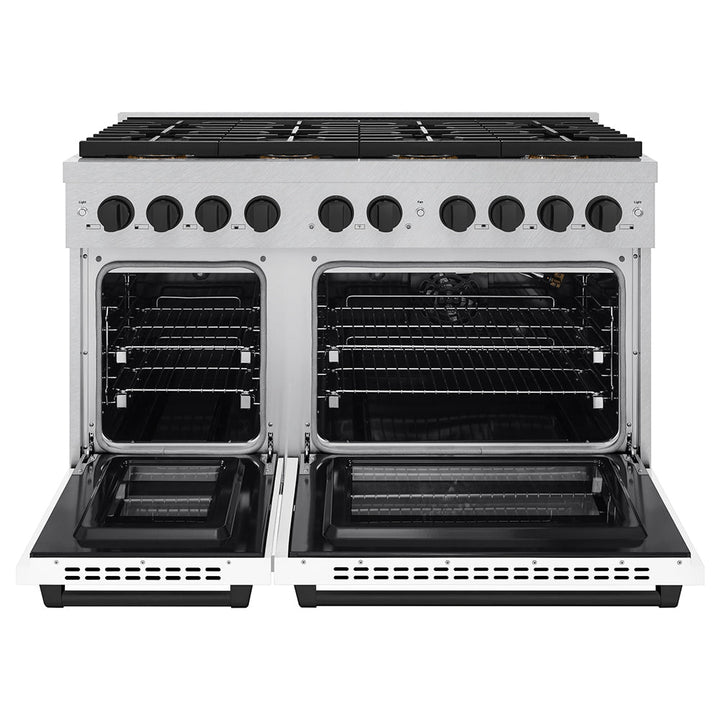 ZLINE Autograph Edition 48 in. 6.7 cu. ft. Paramount Gas Range with 8 Burner DuoProâ„¢ Cooktop and Dual Ovens in Satin Stainless Steel with White Matte Doors and Matte Black Accents (PSGRSZ-WM-48-MB)