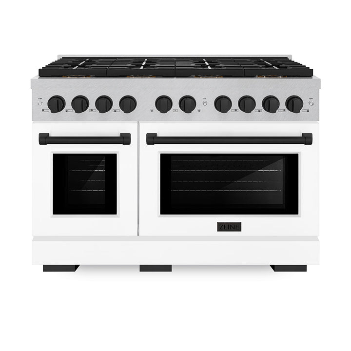 ZLINE Autograph Edition 48 in. 6.7 cu. ft. Paramount Gas Range with 8 Burner DuoProâ„¢ Cooktop and Dual Ovens in Satin Stainless Steel with White Matte Doors and Matte Black Accents (PSGRSZ-WM-48-MB)