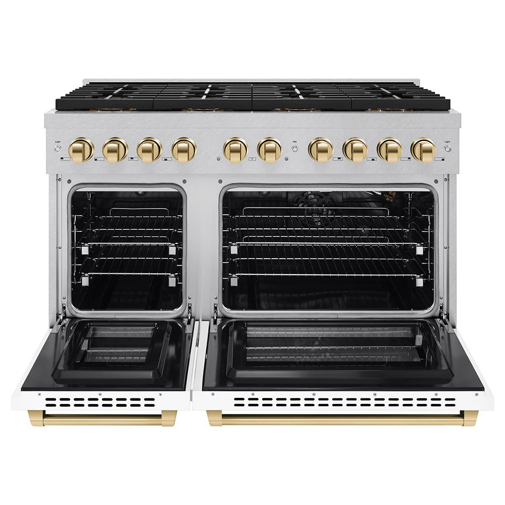 ZLINE Autograph Edition 48 in. 6.7 cu. ft. Paramount Gas Range with 8 Burner DuoProâ„¢ Cooktop and Dual Ovens in Satin Stainless Steel with White Matte Doors and Polished Gold Accents (PSGRSZ-WM-48-G)