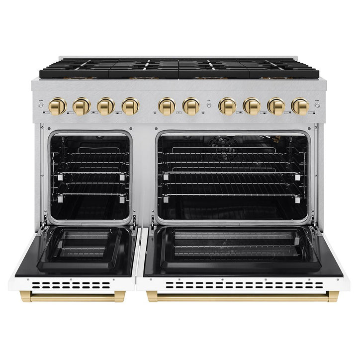 ZLINE Autograph Edition 48 in. 6.7 cu. ft. Paramount Gas Range with 8 Burner DuoProâ„¢ Cooktop and Dual Ovens in Satin Stainless Steel with White Matte Doors and Polished Gold Accents (PSGRSZ-WM-48-G)