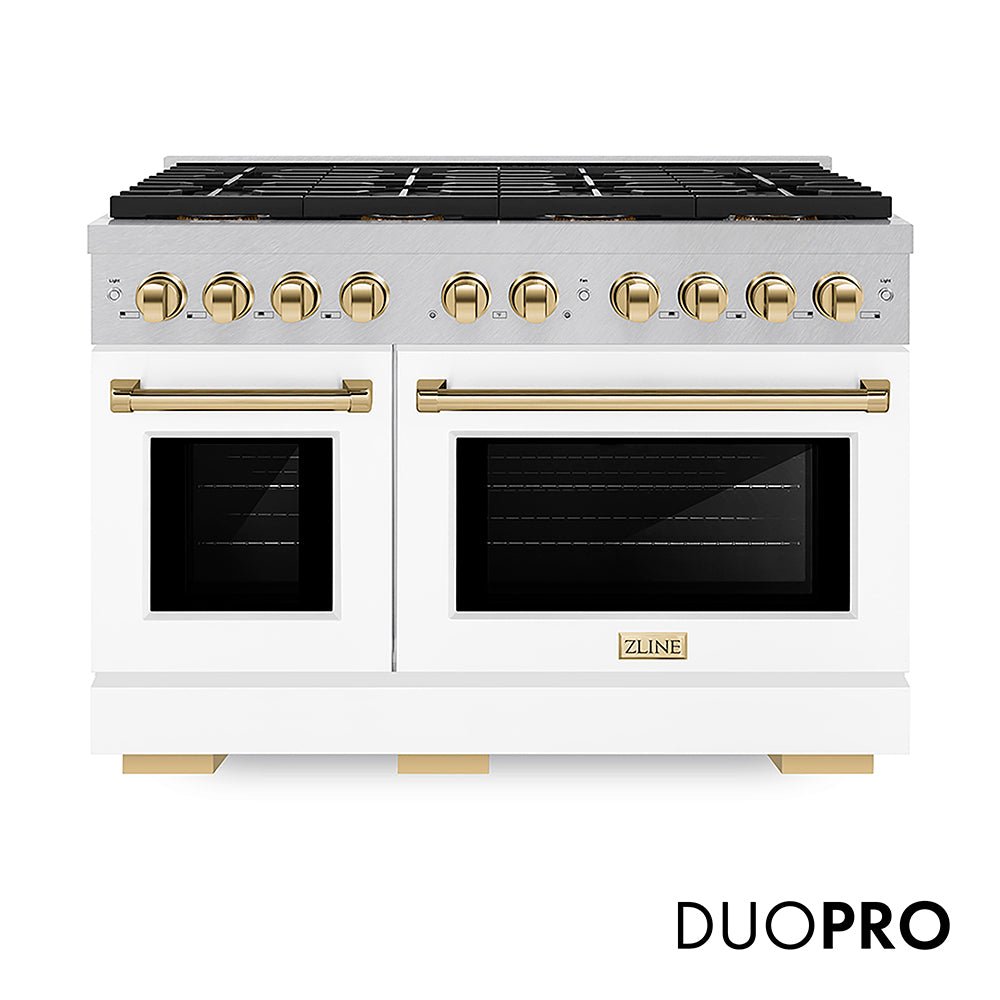 ZLINE Autograph Edition 48 in. 6.7 cu. ft. Paramount Gas Range with 8 Burner DuoProâ„¢ Cooktop and Dual Ovens in Satin Stainless Steel with White Matte Doors and Polished Gold Accents (PSGRSZ-WM-48-G)