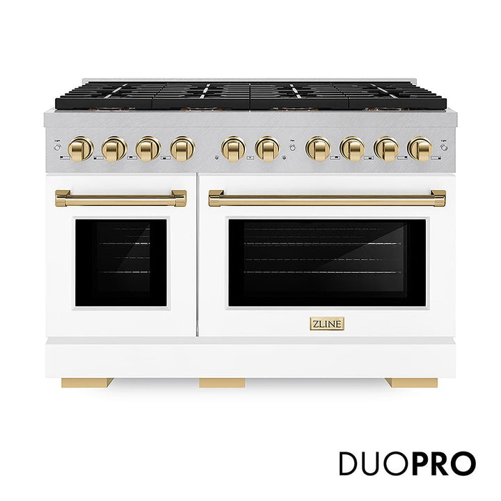 ZLINE Autograph Edition 48 in. 6.7 cu. ft. Paramount Gas Range with 8 Burner DuoProâ„¢ Cooktop and Dual Ovens in Satin Stainless Steel with White Matte Doors and Polished Gold Accents (PSGRSZ-WM-48-G)