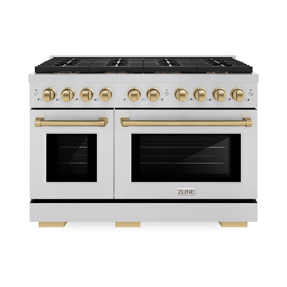 ZLINE Autograph Edition 48 in. 6.7 cu. ft. Paramount Gas Range with 8 Burner DuoProâ„¢ Cooktop and Dual Ovens in Stainless Steel and Champagne Bronze Accents (PSGRZ-48-CB)