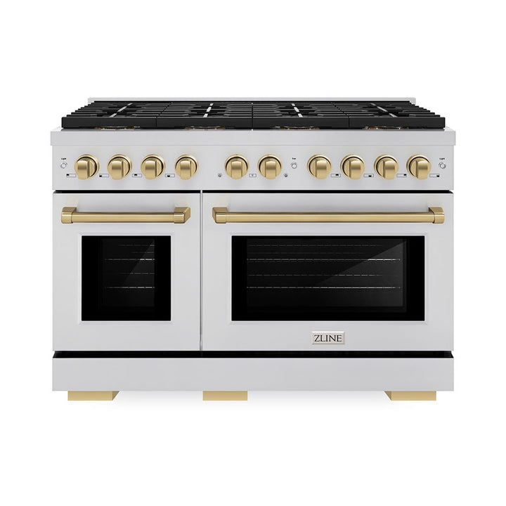 ZLINE Autograph Edition 48 in. 6.7 cu. ft. Paramount Gas Range with 8 Burner DuoProâ„¢ Cooktop and Dual Ovens in Stainless Steel and Champagne Bronze Accents (PSGRZ-48-CB)