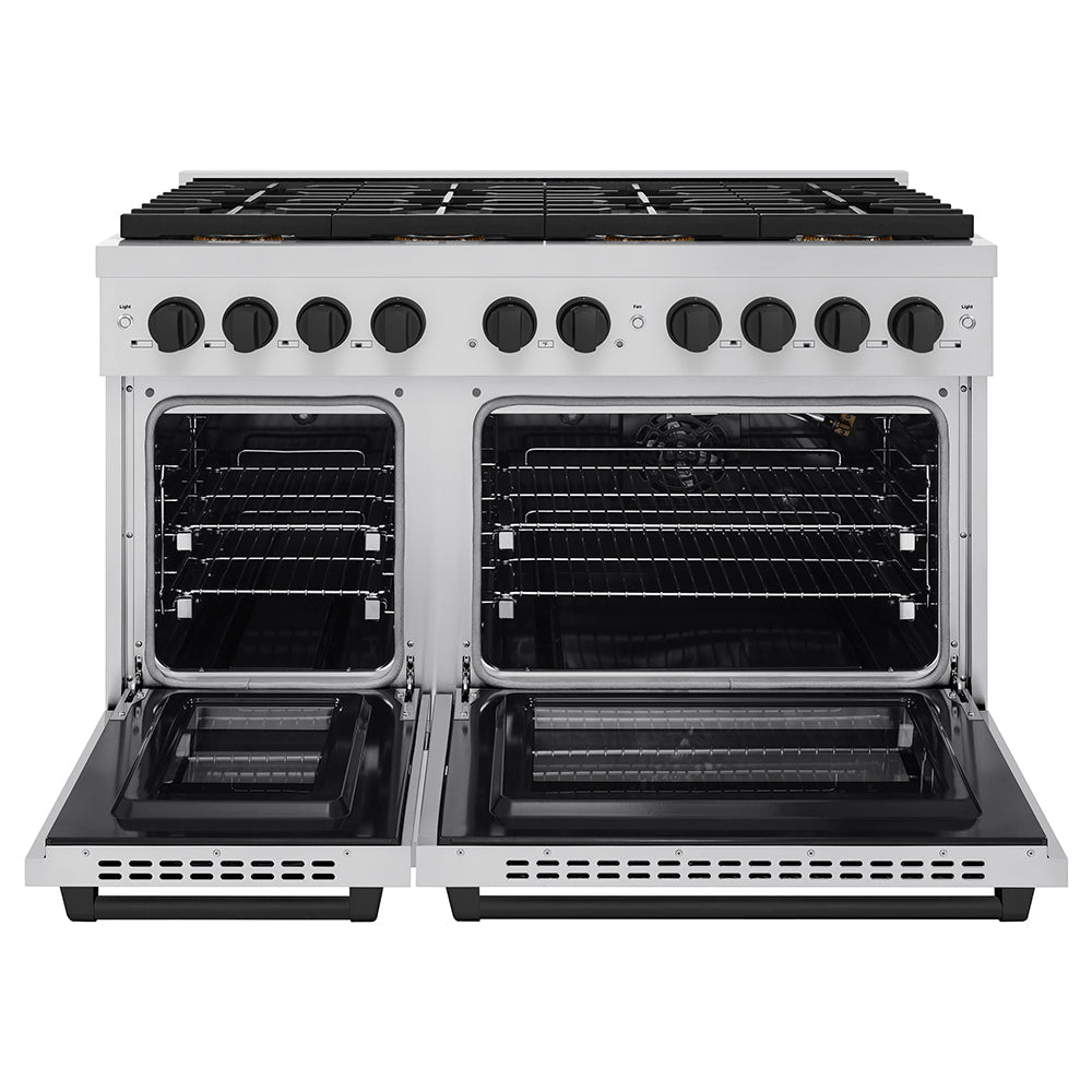 ZLINE Autograph Edition 48 in. 6.7 cu. ft. Paramount Gas Range with 8 Burner DuoProâ„¢ Cooktop and Dual Ovens in Stainless Steel and Matte Black Accents (PSGRZ-48-MB)