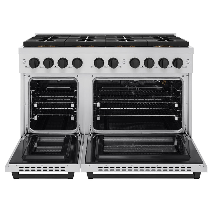 ZLINE Autograph Edition 48 in. 6.7 cu. ft. Paramount Gas Range with 8 Burner DuoProâ„¢ Cooktop and Dual Ovens in Stainless Steel and Matte Black Accents (PSGRZ-48-MB)