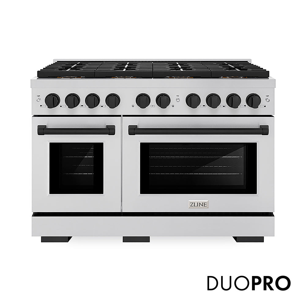 ZLINE Autograph Edition 48 in. 6.7 cu. ft. Paramount Gas Range with 8 Burner DuoProâ„¢ Cooktop and Dual Ovens in Stainless Steel and Matte Black Accents (PSGRZ-48-MB)