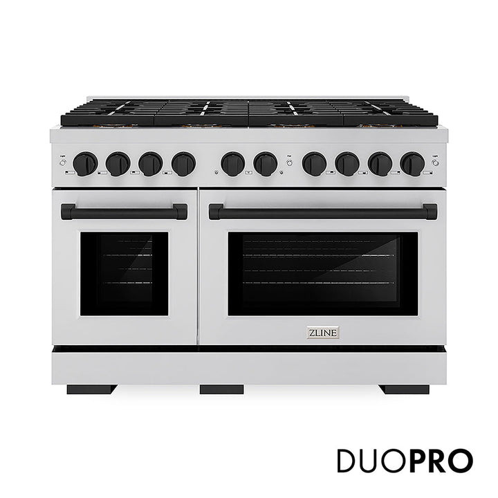 ZLINE Autograph Edition 48 in. 6.7 cu. ft. Paramount Gas Range with 8 Burner DuoProâ„¢ Cooktop and Dual Ovens in Stainless Steel and Matte Black Accents (PSGRZ-48-MB)