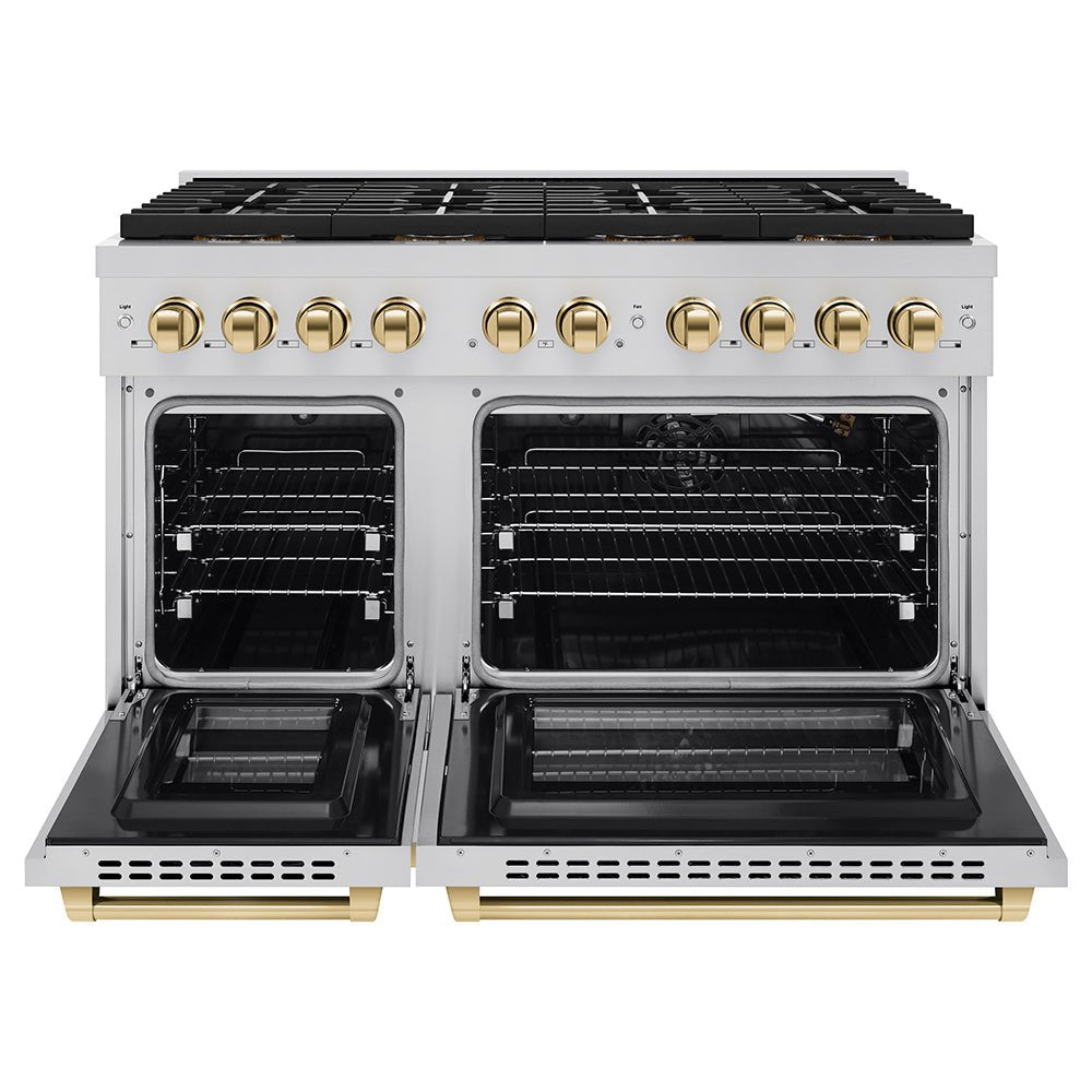 ZLINE Autograph Edition 48 in. 6.7 cu. ft. Paramount Gas Range with 8 Burner DuoProâ„¢ Cooktop and Dual Ovens in Stainless Steel and Polished Gold Accents (PSGRZ-48-G)