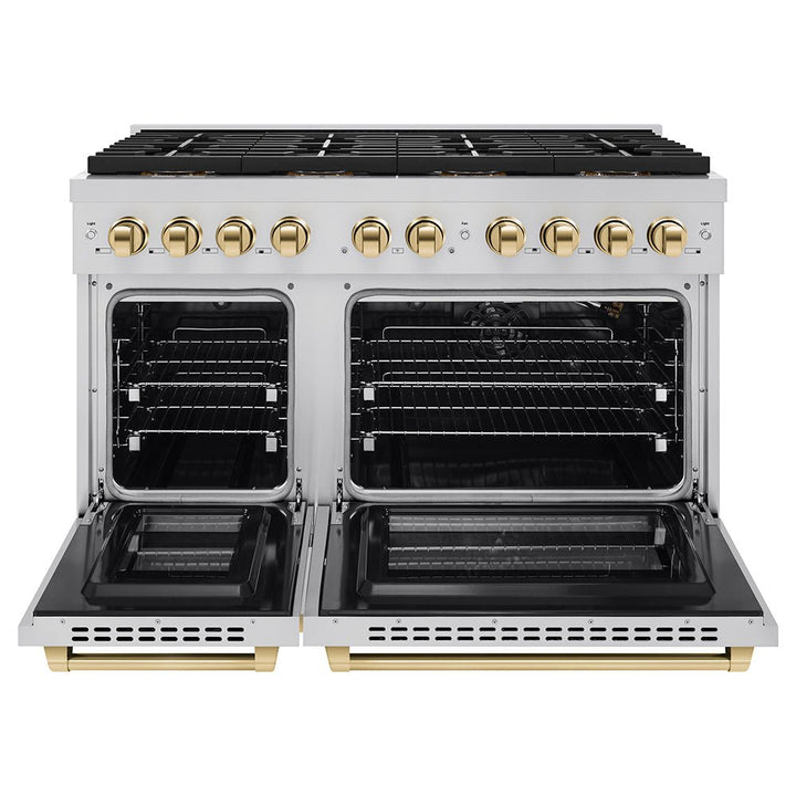 ZLINE Autograph Edition 48 in. 6.7 cu. ft. Paramount Gas Range with 8 Burner DuoProâ„¢ Cooktop and Dual Ovens in Stainless Steel and Polished Gold Accents (PSGRZ-48-G)
