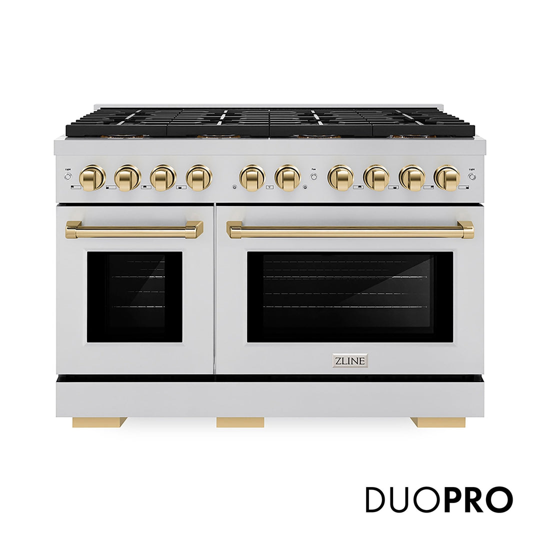 ZLINE Autograph Edition 48 in. 6.7 cu. ft. Paramount Gas Range with 8 Burner DuoProâ„¢ Cooktop and Dual Ovens in Stainless Steel with Champagne Bronze Helix Handles and Accents (PSGRZ-48-KCB)