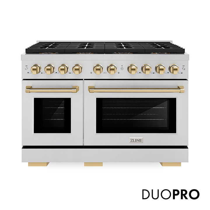 ZLINE Autograph Edition 48 in. 6.7 cu. ft. Paramount Gas Range with 8 Burner DuoProâ„¢ Cooktop and Dual Ovens in Stainless Steel with Champagne Bronze Helix Handles and Accents (PSGRZ-48-KCB)