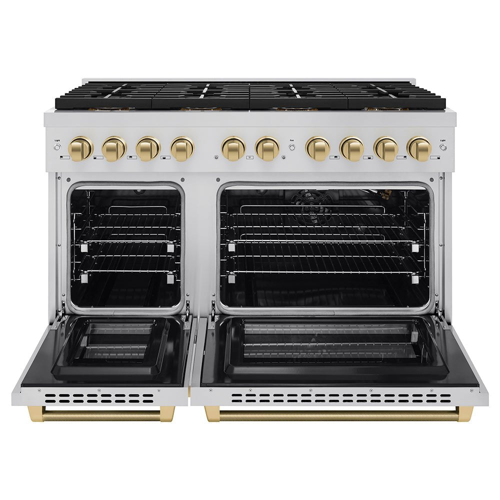 ZLINE Autograph Edition 48 in. 6.7 cu. ft. Paramount Gas Range with 8 Burner DuoProâ„¢ Cooktop and Dual Ovens in Stainless Steel with Champagne Bronze Helix Handles and Accents (PSGRZ-48-KCB)