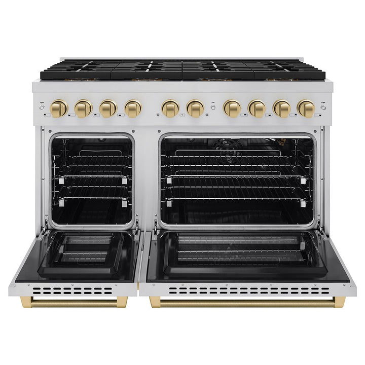 ZLINE Autograph Edition 48 in. 6.7 cu. ft. Paramount Gas Range with 8 Burner DuoProâ„¢ Cooktop and Dual Ovens in Stainless Steel with Champagne Bronze Helix Handles and Accents (PSGRZ-48-KCB)