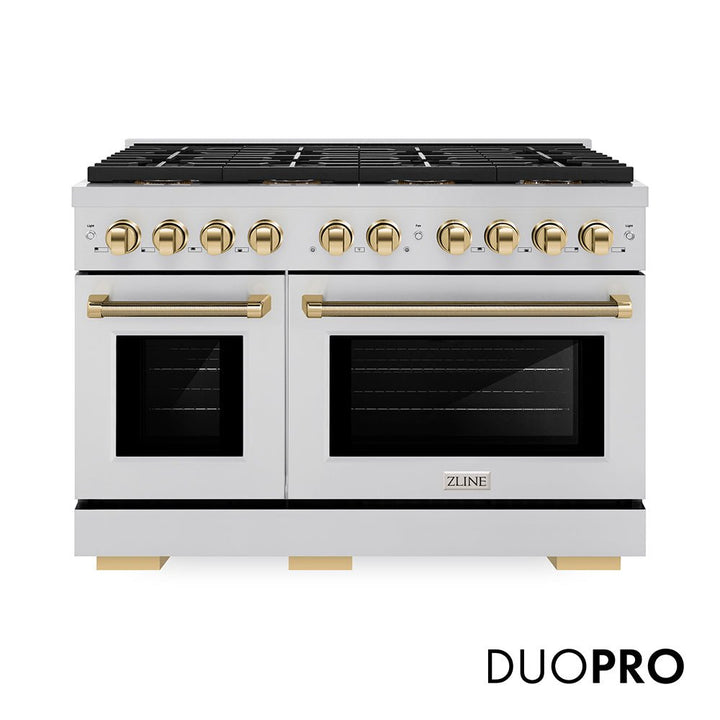 ZLINE Autograph Edition 48 in. 6.7 cu. ft. Paramount Gas Range with 8 Burner DuoProâ„¢ Cooktop and Dual Ovens in Stainless Steel with Polished Gold Helix Handles and Accents (PSGRZ-48-KG)