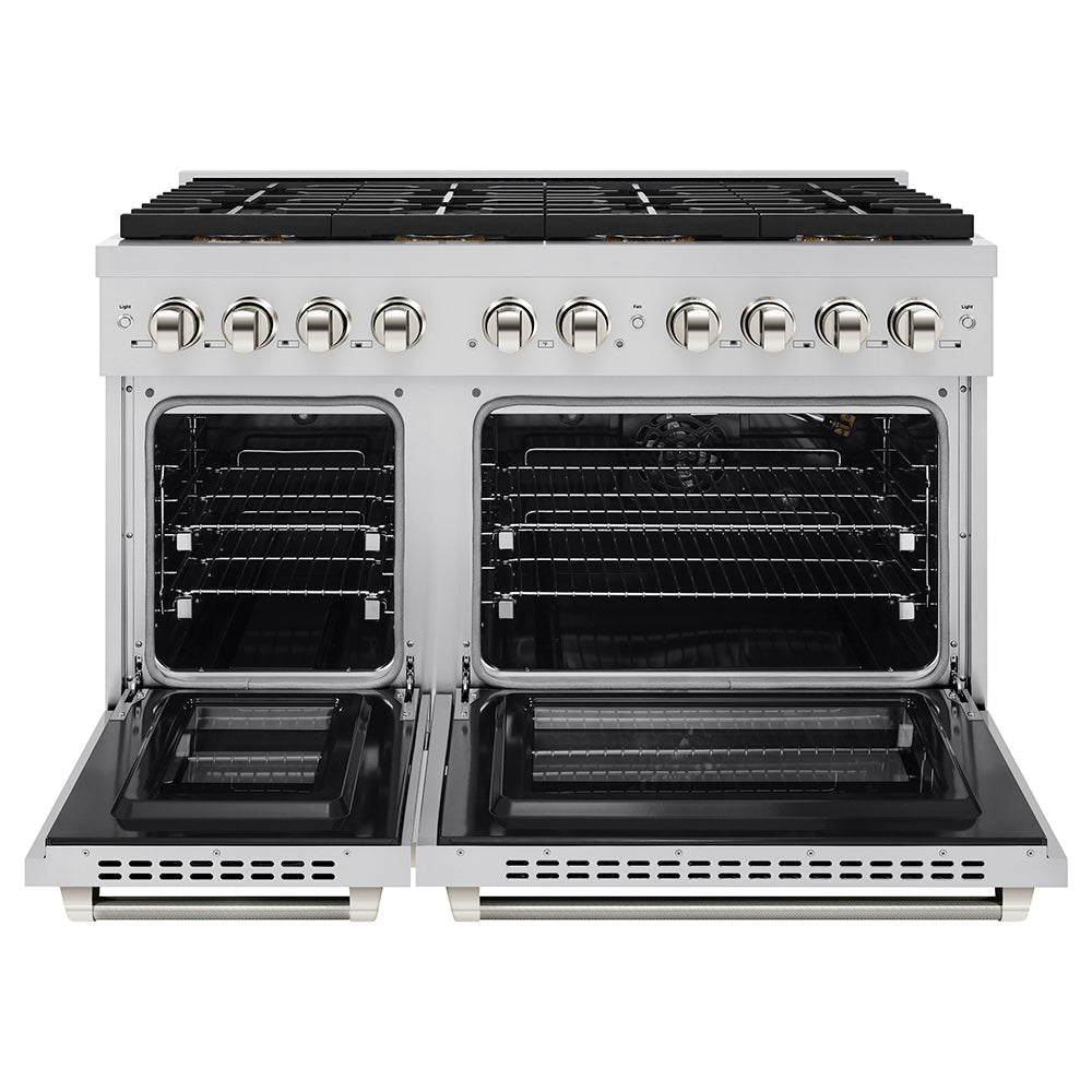 ZLINE Autograph Edition 48 in. 6.7 cu. ft. Paramount Gas Range with 8 Burner DuoProâ„¢ Cooktop and Dual Ovens in Stainless Steel with Polished Gold Helix Handles and Accents (PSGRZ-48-KG)