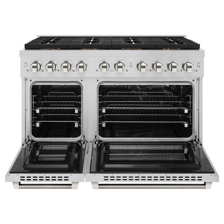 ZLINE Autograph Edition 48 in. 6.7 cu. ft. Paramount Gas Range with 8 Burner DuoProâ„¢ Cooktop and Dual Ovens in Stainless Steel with Polished Gold Helix Handles and Accents (PSGRZ-48-KG)