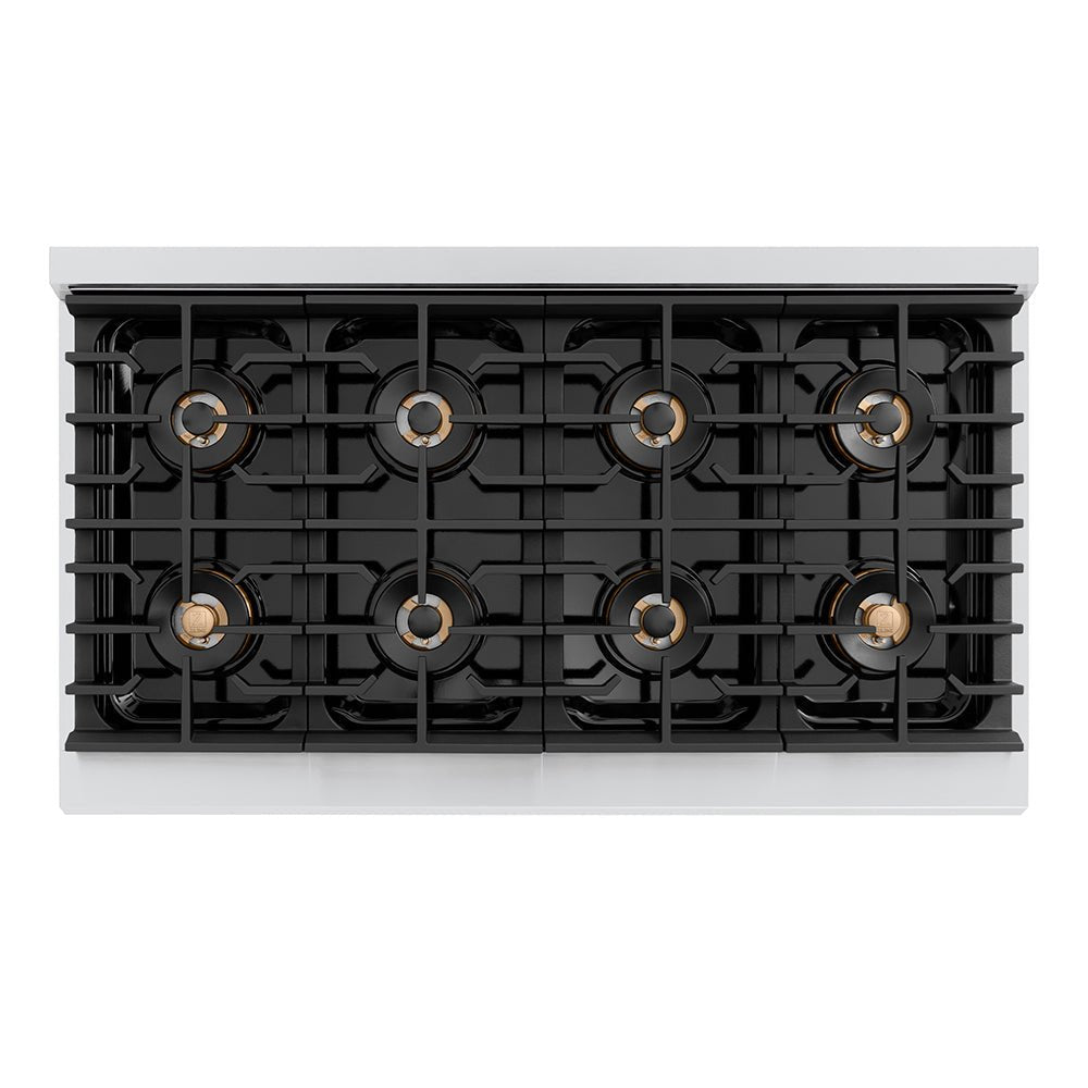 ZLINE Autograph Edition 48 in. 6.7 cu. ft. Paramount Gas Range with 8 Burner DuoProâ„¢ Cooktop and Dual Ovens in Stainless Steel with Polished Gold Helix Handles and Accents (PSGRZ-48-KG)