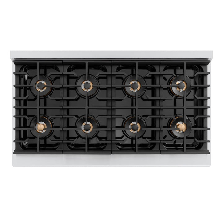 ZLINE Autograph Edition 48 in. 6.7 cu. ft. Paramount Gas Range with 8 Burner DuoProâ„¢ Cooktop and Dual Ovens in Stainless Steel with Polished Gold Helix Handles and Accents (PSGRZ-48-KG)