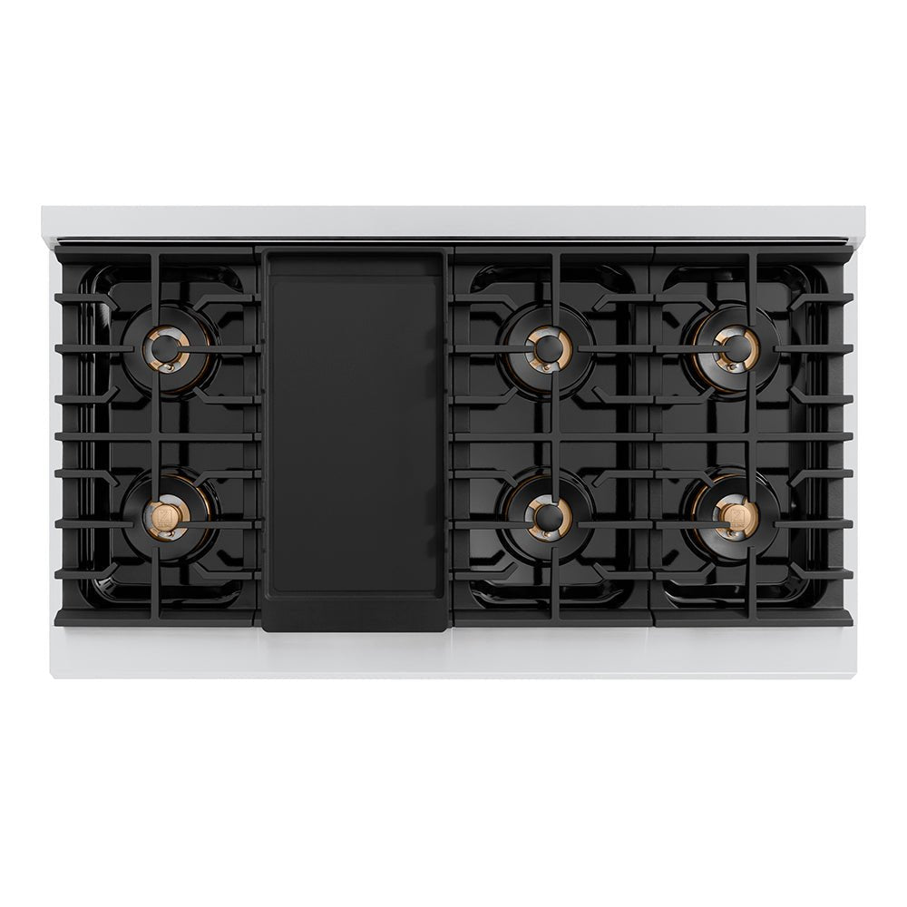 ZLINE Autograph Edition 48 in. 6.7 cu. ft. Paramount Gas Range with 8 Burner DuoProâ„¢ Cooktop and Dual Ovens in Stainless Steel with Polished Nickel Helix Handles and Accents (PSGRZ-48-KPN)