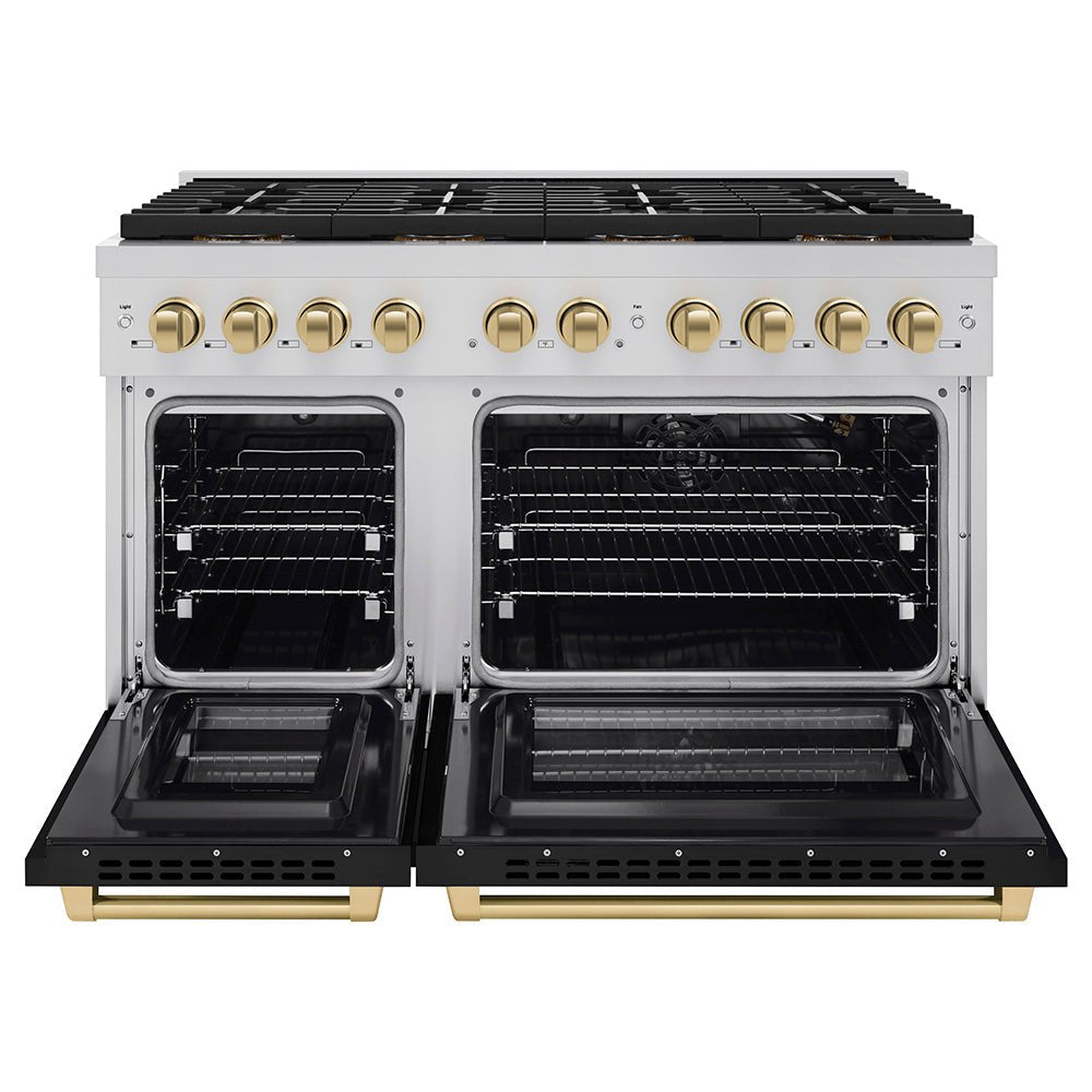 ZLINE Autograph Edition 48 in. 6.7 cu. ft. Paramount Gas Range with 8 Burner DuoProâ„¢ Cooktop and Dual Ovens with Black Matte Doors and Champagne Bronze Accents (PSGRZ-BLM-48-CB)