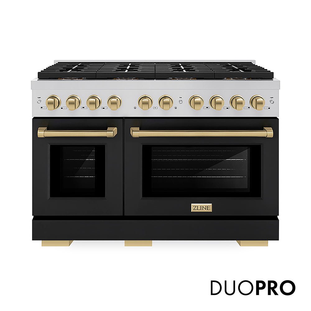 ZLINE Autograph Edition 48 in. 6.7 cu. ft. Paramount Gas Range with 8 Burner DuoProâ„¢ Cooktop and Dual Ovens with Black Matte Doors and Champagne Bronze Accents (PSGRZ-BLM-48-CB)