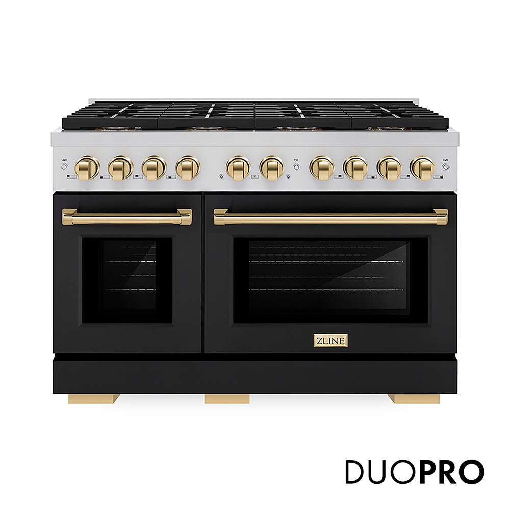 ZLINE Autograph Edition 48 in. 6.7 cu. ft. Paramount Gas Range with 8 Burner DuoProâ„¢ Cooktop and Dual Ovens with Black Matte Doors and Polished Gold Accents (PSGRZ-BLM-48-G)