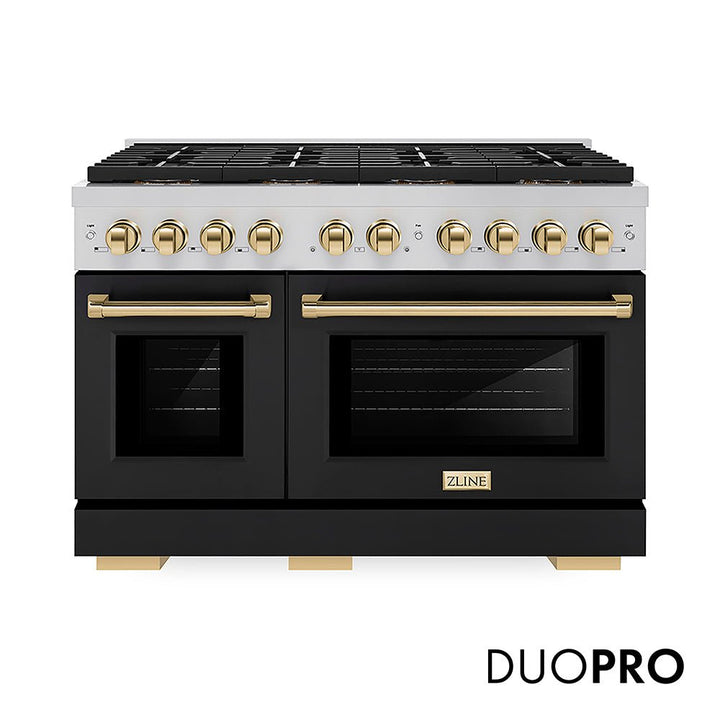 ZLINE Autograph Edition 48 in. 6.7 cu. ft. Paramount Gas Range with 8 Burner DuoProâ„¢ Cooktop and Dual Ovens with Black Matte Doors and Polished Gold Accents (PSGRZ-BLM-48-G)