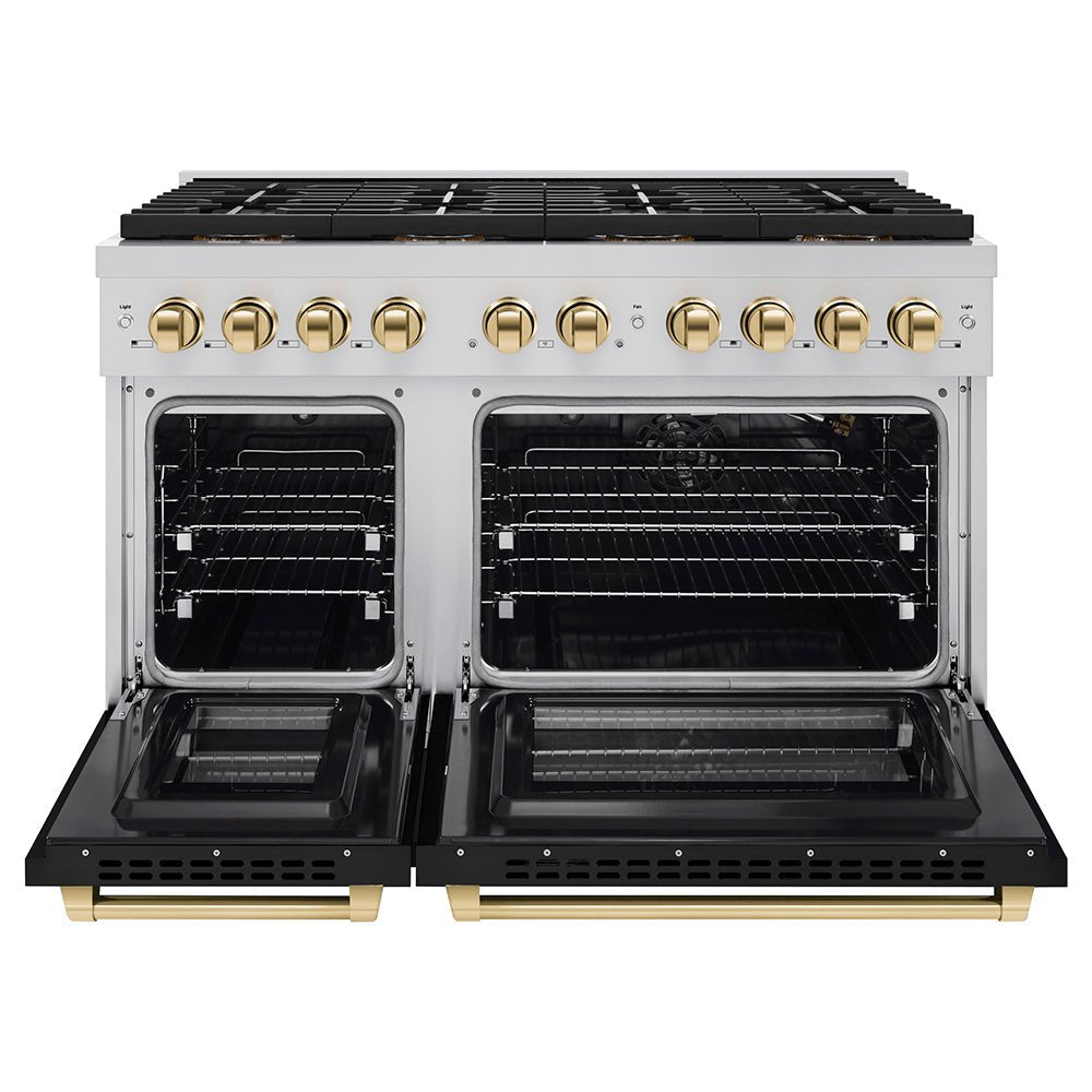 ZLINE Autograph Edition 48 in. 6.7 cu. ft. Paramount Gas Range with 8 Burner DuoProâ„¢ Cooktop and Dual Ovens with Black Matte Doors and Polished Gold Accents (PSGRZ-BLM-48-G)