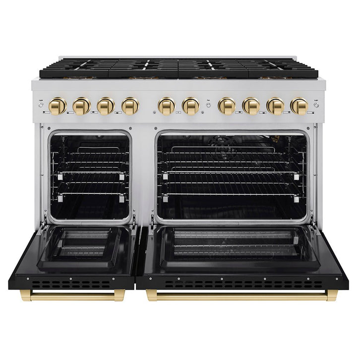 ZLINE Autograph Edition 48 in. 6.7 cu. ft. Paramount Gas Range with 8 Burner DuoProâ„¢ Cooktop and Dual Ovens with Black Matte Doors and Polished Gold Accents (PSGRZ-BLM-48-G)