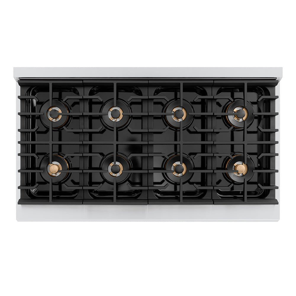 ZLINE Autograph Edition 48 in. 6.7 cu. ft. Paramount Gas Range with 8 Burner DuoProâ„¢ Cooktop and Dual Ovens with White Matte Doors and Champagne Bronze Accents (PSGRZ-WM-48-CB)