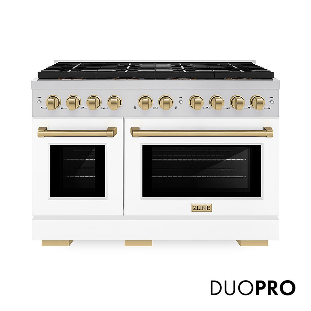 ZLINE Autograph Edition 48 in. 6.7 cu. ft. Paramount Gas Range with 8 Burner DuoProâ„¢ Cooktop and Dual Ovens with White Matte Doors and Champagne Bronze Accents (PSGRZ-WM-48-CB)