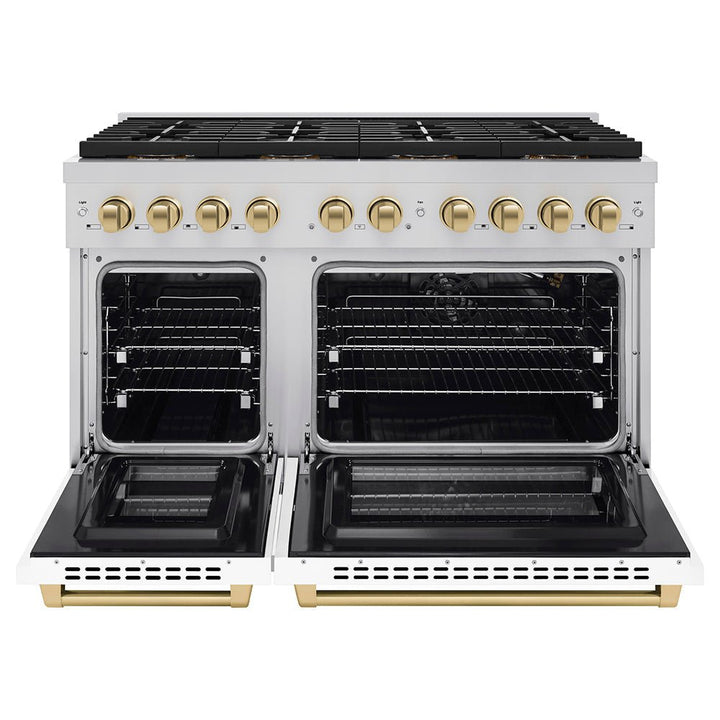ZLINE Autograph Edition 48 in. 6.7 cu. ft. Paramount Gas Range with 8 Burner DuoProâ„¢ Cooktop and Dual Ovens with White Matte Doors and Champagne Bronze Accents (PSGRZ-WM-48-CB)