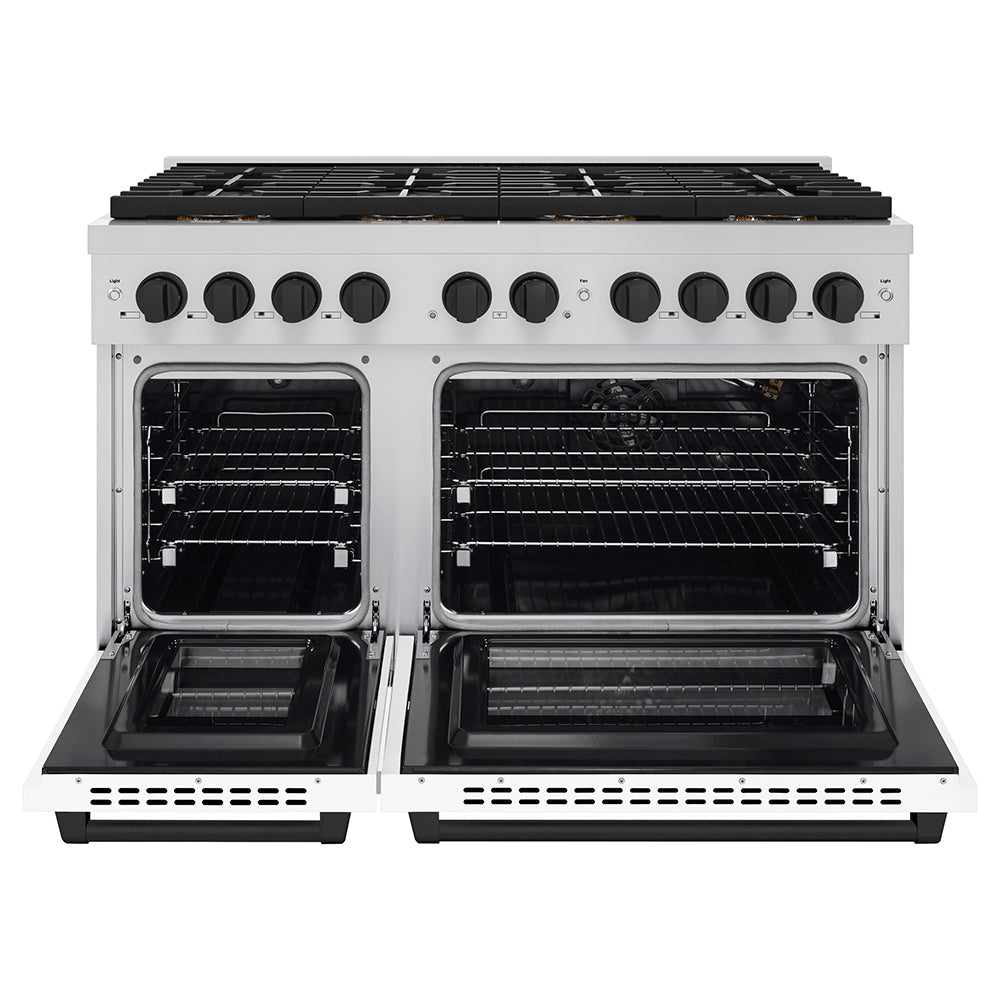 ZLINE Autograph Edition 48 in. 6.7 cu. ft. Paramount Gas Range with 8 Burner DuoProâ„¢ Cooktop and Dual Ovens with White Matte Doors and Matte Black Accents (PSGRZ-WM-48-MB)