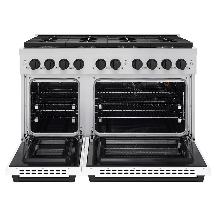 ZLINE Autograph Edition 48 in. 6.7 cu. ft. Paramount Gas Range with 8 Burner DuoProâ„¢ Cooktop and Dual Ovens with White Matte Doors and Matte Black Accents (PSGRZ-WM-48-MB)