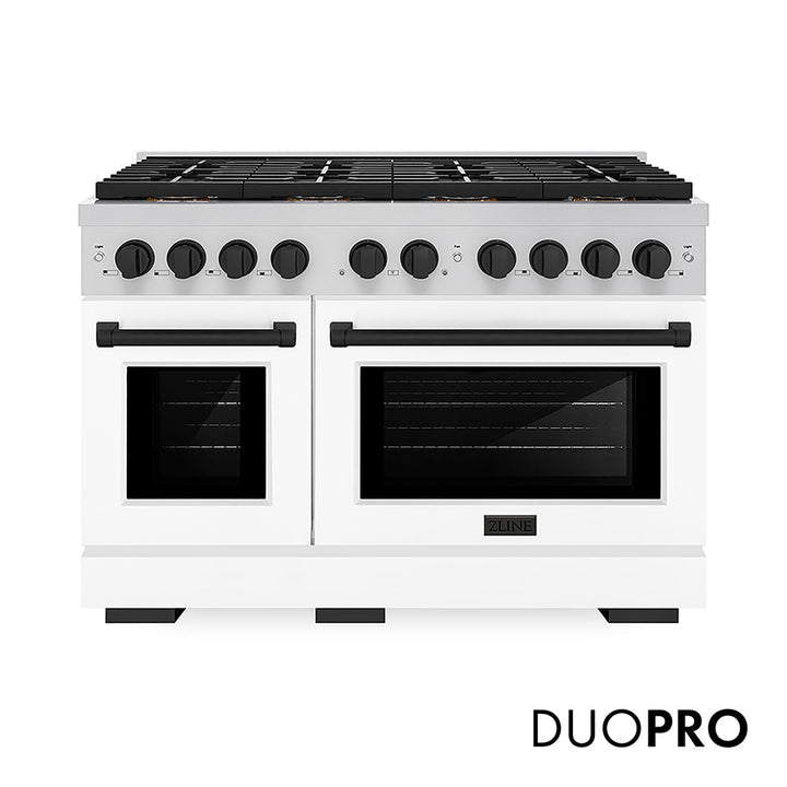 ZLINE Autograph Edition 48 in. 6.7 cu. ft. Paramount Gas Range with 8 Burner DuoProâ„¢ Cooktop and Dual Ovens with White Matte Doors and Matte Black Accents (PSGRZ-WM-48-MB)