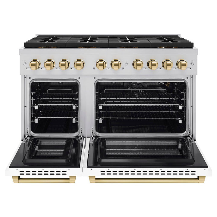 ZLINE Autograph Edition 48 in. 6.7 cu. ft. Paramount Gas Range with 8 Burner DuoProâ„¢ Cooktop and Dual Ovens with White Matte Doors and Polished Gold Accents (PSGRZ-WM-48-G)